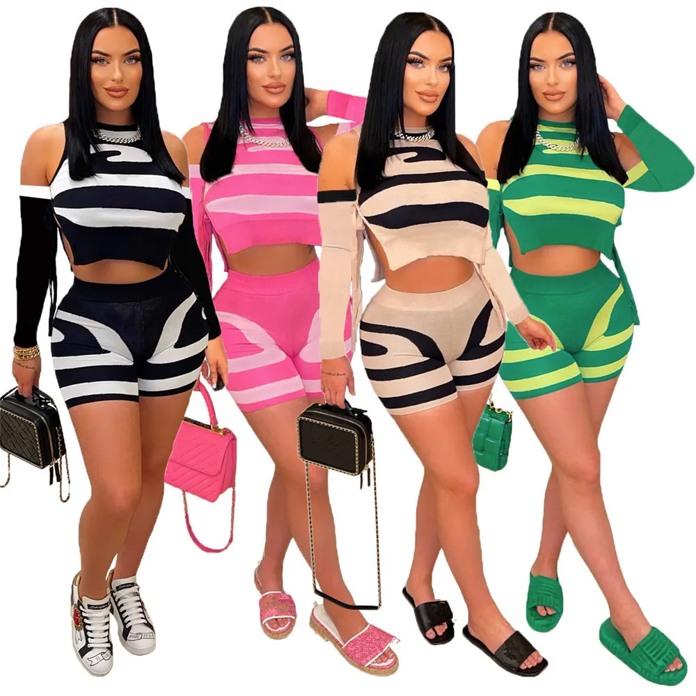 Designer Knitted Tracksuits Fall Women Outfits Two 2 Piece Sets Long Sleeve Bandage Crop Top and Shorts Sweatsuits Casual Knitting Clothes Wholesale 10093