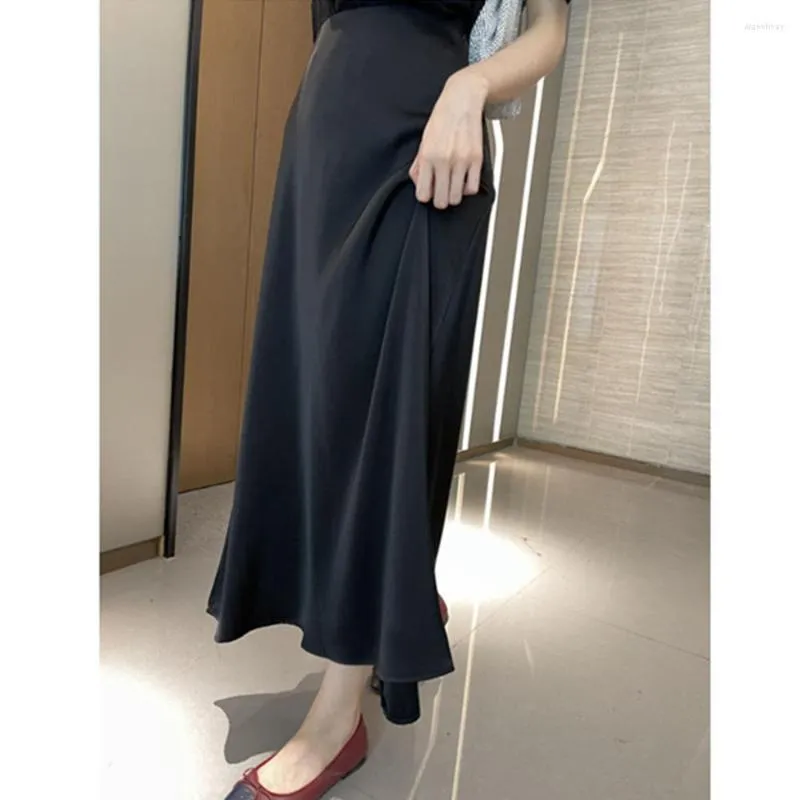 Saias 2023 vintage coreano cetim mulheres elegante cintura alta escritório senhora verão longo sólido casual feminino a-line