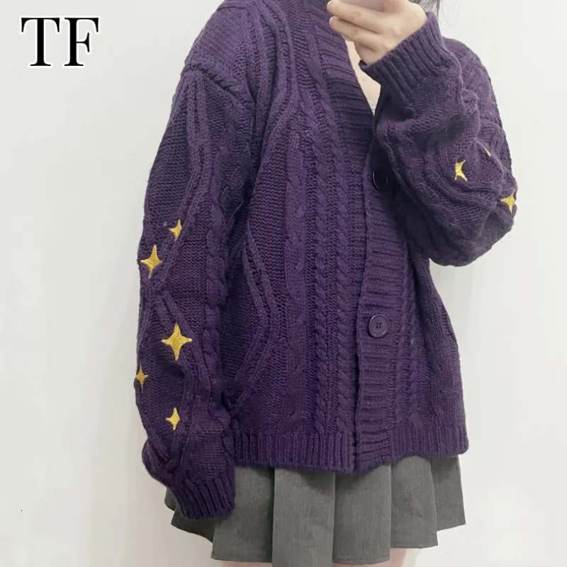 Kvinnors tröjor Autumn Dark Purple Cardigan Women Now Y2K S stjärna broderade löst stickade cardigans Tay V Neck lor tröja rockar 230831