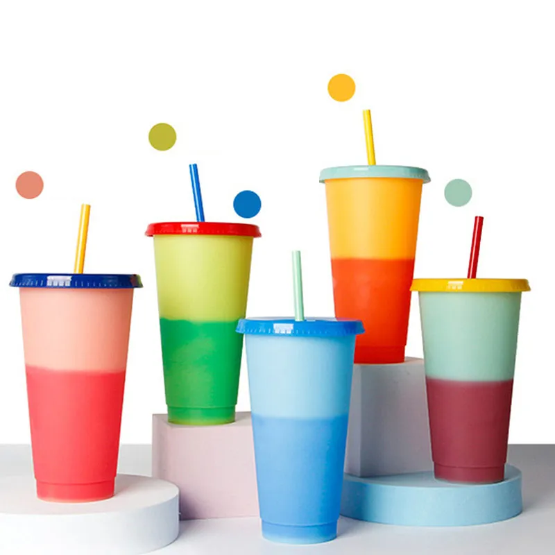 PP Discoloration Straw Cup Lid Reusable Cups Colorful Solid Color Changing Plastic Heat Insulation Portable Tumbler Magical Juice Coffee Mug Z0058