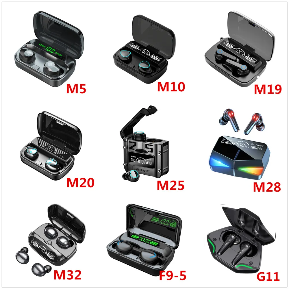 M5 M10 M19 M25 M28 M32 M41 F9 G11 TWS True Wireless Headset Bluetooth ENC Fone de ouvido estéreo para jogos Música Fones de ouvido Fones de ouvido LED com display digital esportivo
