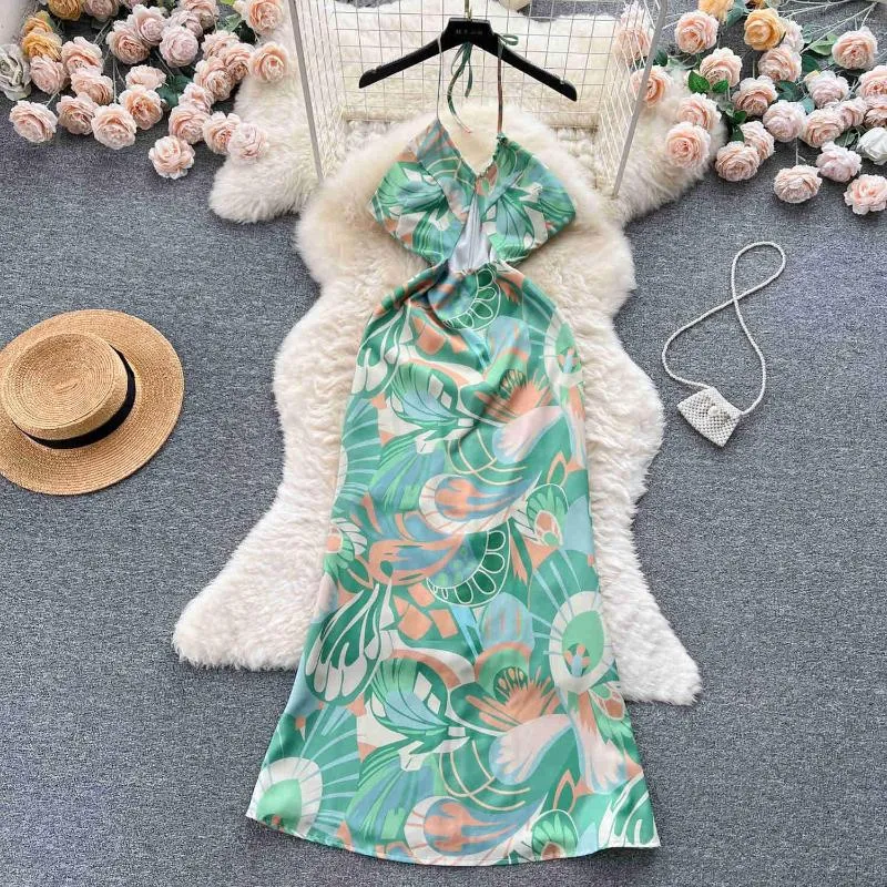 Robes décontractées Été Femmes Boho Style Floral Print Maxi Robe 2023 Sexy Lace Up Halter Sans Manches Creux Out Slim Back Slit Beach Sundress