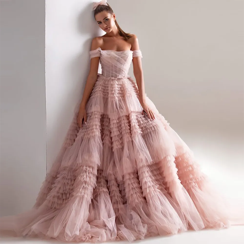 strapless open back dress Baby Pink Pleated Tiered Tulle A-Line Formal Prom Dress main image 0