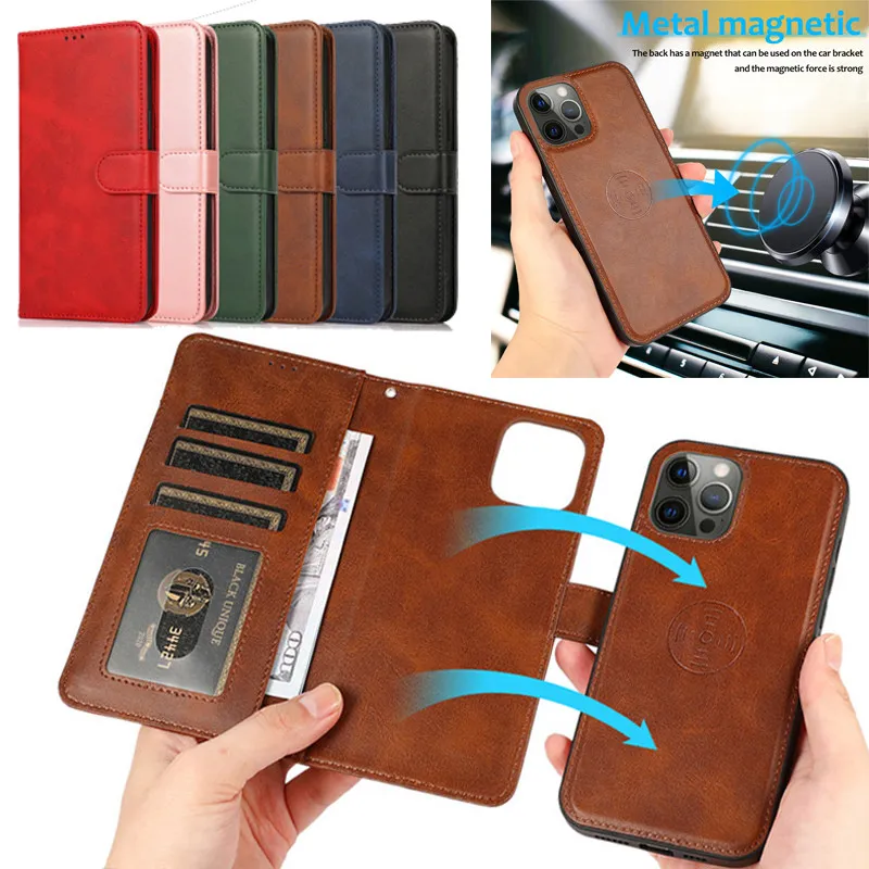 2 em 1 capa de couro com suporte magnético destacável para iPhone 14 Pro 15 13 12 11 Pro Max XR XS X 7 8 Plus Carteira com suporte para cartão Caso de telefone Conque