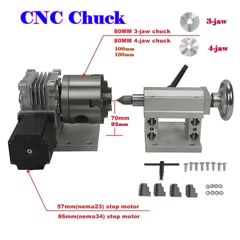 로타리 축 CNC 테일 스톡 4 번째 축 3- 턱 80mm 100mm 130mm 목재/금속 CNC 라우터 밀링 머신 CNC 3040 6040 6090