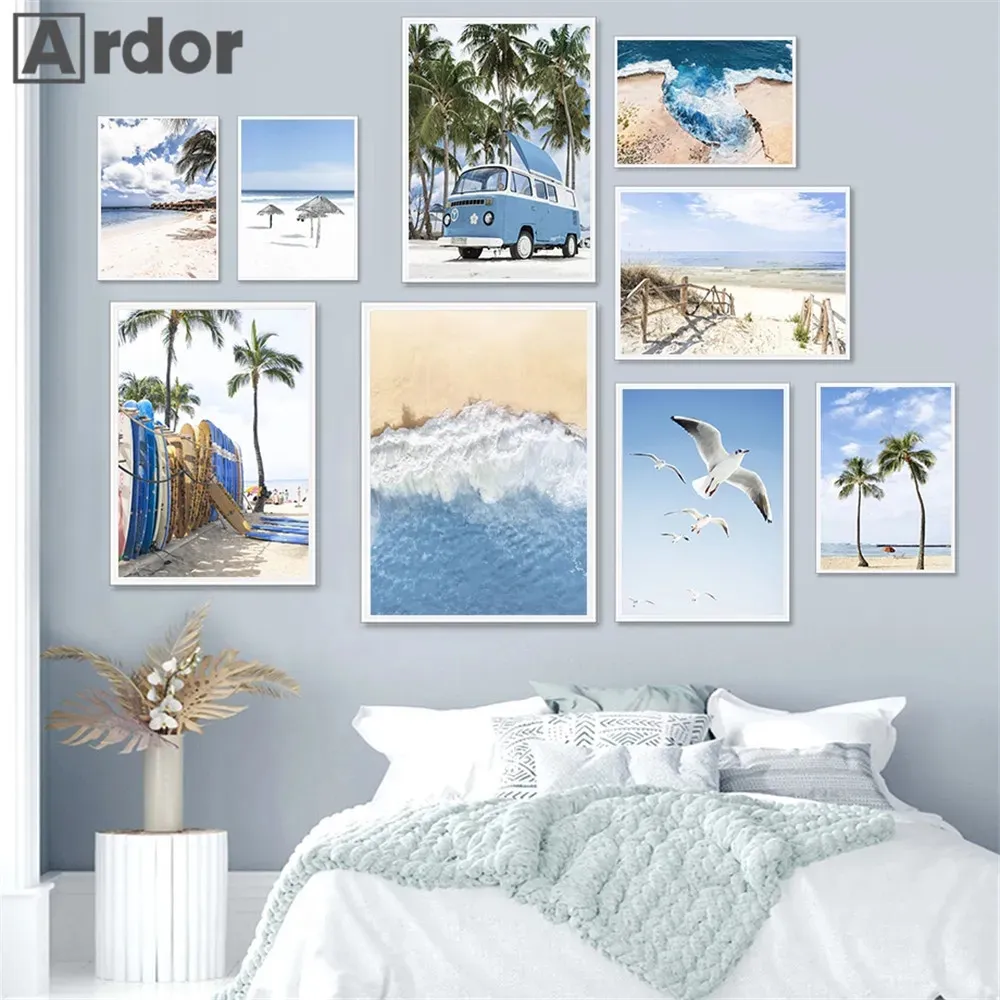 Blue Sky Car Ocean Palm Tree Posters Beach Surfboard Canvas Painting Wall Art Seagull Print Nordic Wall Pictures Girl Bedroom Living Room Decor No Frame Wo6