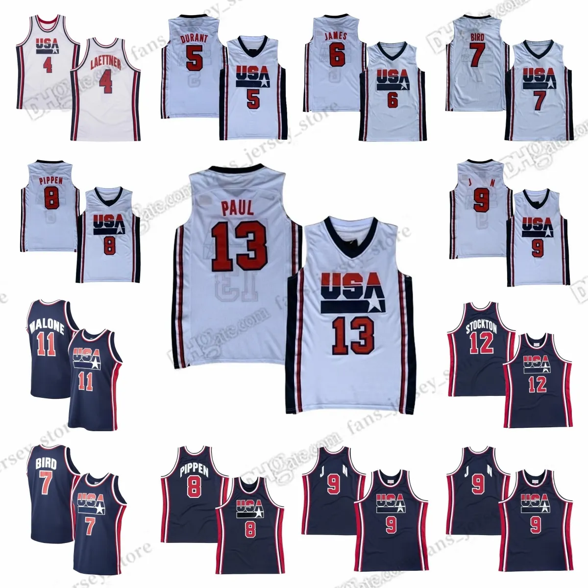 Maillots de basket-ball rétro personnalisés pour enfants et femmes, James 7 Bird 5 Robinson 10 Drexler 8 Pippen 11 Malone 12 Stockton 13 Mullin 4 Laettner, cousus avec n'importe quel nom et numéro, 1992