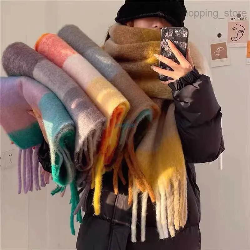 Sjaals Regenboogsjaal Herfst en winter Nieuwe verdikte kleurcheck Loopgaren Dikke kwastjes Bijpassende Ac-sjaal
