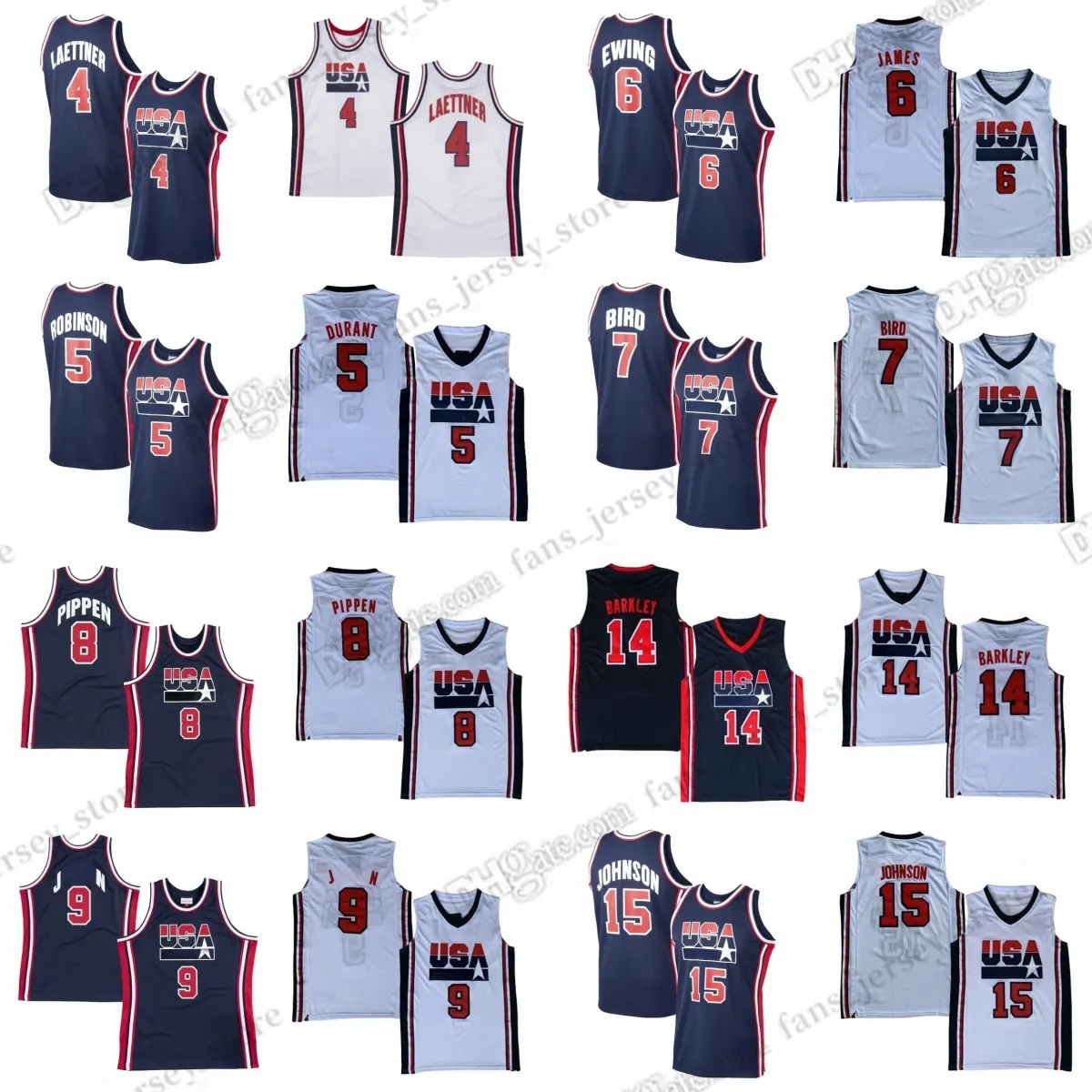 Maglie retrò da basket 1992 7 Bird 5 Robinson 10 Drexler 8 Pippen 11 Malone 12 Stockton 13 Mullin 15 Johnson 14 Barkley 4 Laettner Maglia cucita