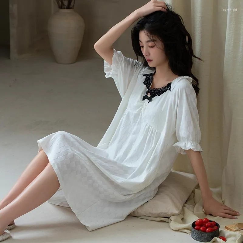 Women's Sleepwear Summer Women Cotton Night Dress Chest Pad Nightgown Lace Sexy Homewear Retro Outfit For Girl