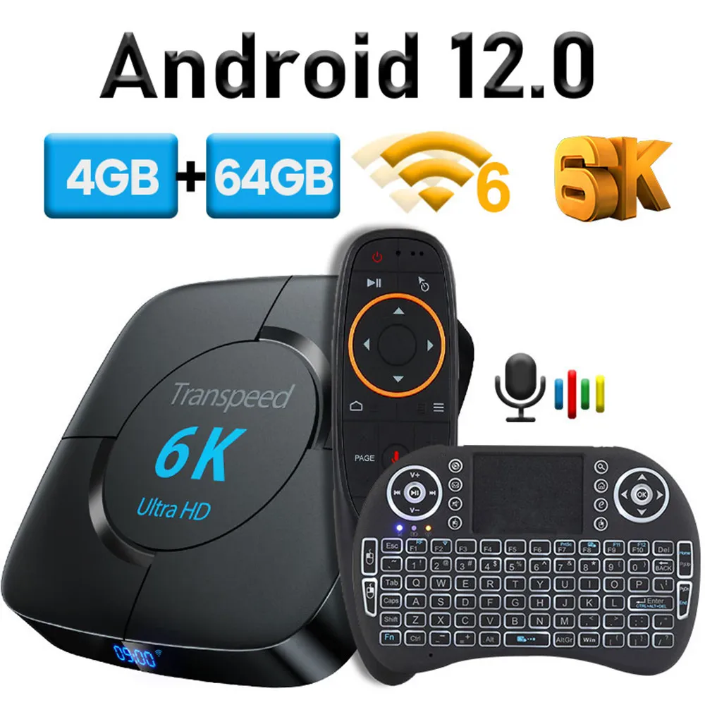 Set Top Box Transpeed Android 12.0 TV Box Voice Assistant 8K 6K 3D WiFi6 BT5.0 2.4G 5.8G 4GB RAM 32G 64G Media Player Mycket Fast Box Top Box 230831