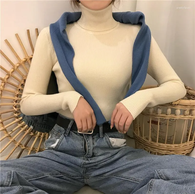 Kvinnors blusar Autumn Winter Fashion Design Turtleneck tröja Kvinnor Office-Lady Elastic Sticked Jumper Casual Solid Female Basic Tops