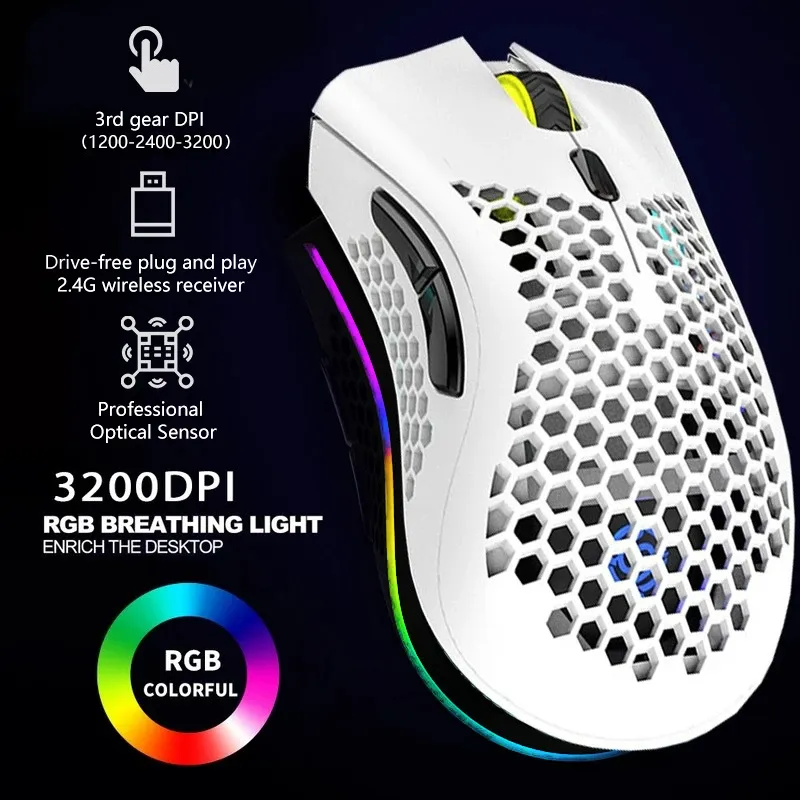 Möss 2,4G trådlös mus RGB Light Honeycomb Gaming Mouse laddningsbara USB Desktop PC -datorer Aouse Laptop Mice Gamer Cute 230831