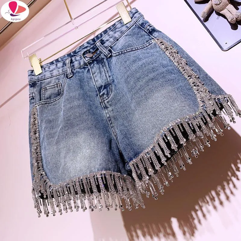 Damen Jeans APIPEE Strass Fransen High Waist Denim Shorts Flash Wimen's High-End Diamond Quaste Kurze Hosen