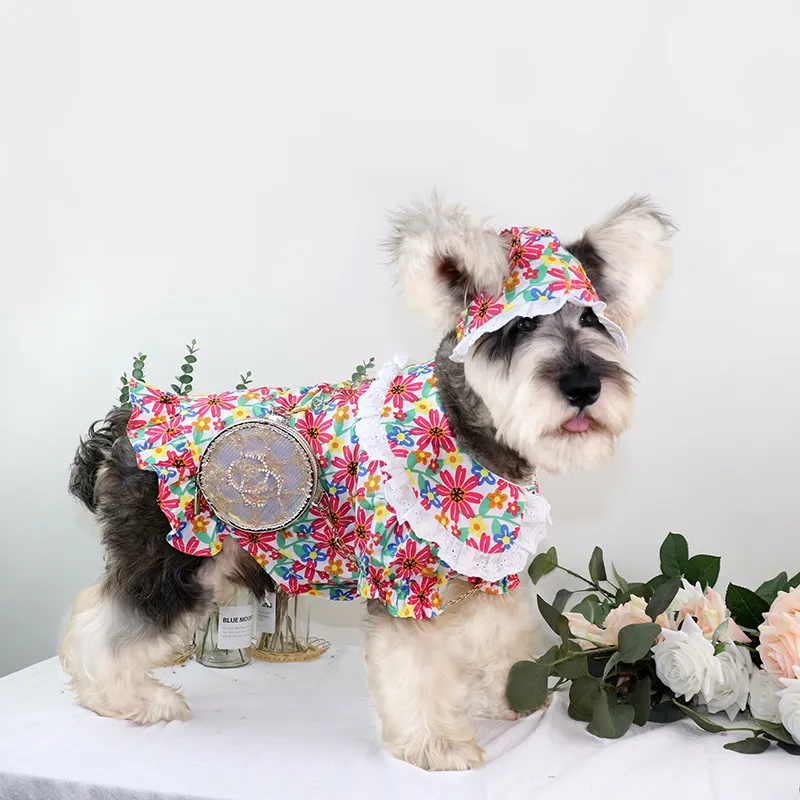 Vestido de verão para cachorro de estimação Schnauzer Teddy Poodle estampa floral saia de renda fofa roupas para cachorro gato de estimação