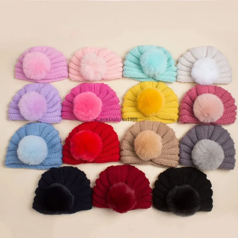 Nouveau automne hiver infantile bébé enfants tricoté chapeau couleur bonbon enfants fausse fourrure boule crâne bonnets casquettes Turban cache-oreilles filles chapeaux chauds 15 couleurs