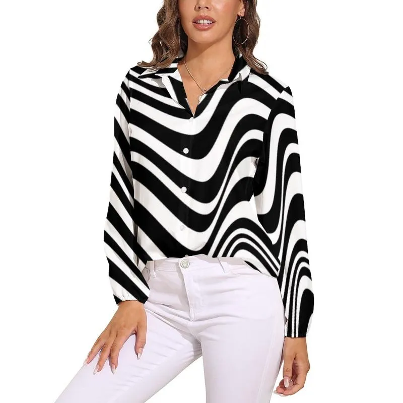 Custom Red And White Striped Slimming Blouse For Women Long Sleeve