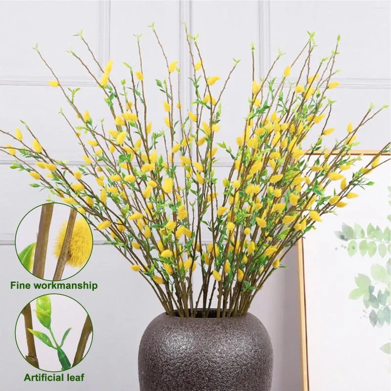 Fleurs décoratives à 3 branches de saule argenté jaune, branche artificielle d'intérieur et d'extérieur, ornements de bureau, décoration de fête d'anniversaire et de mariage, fausse décoration