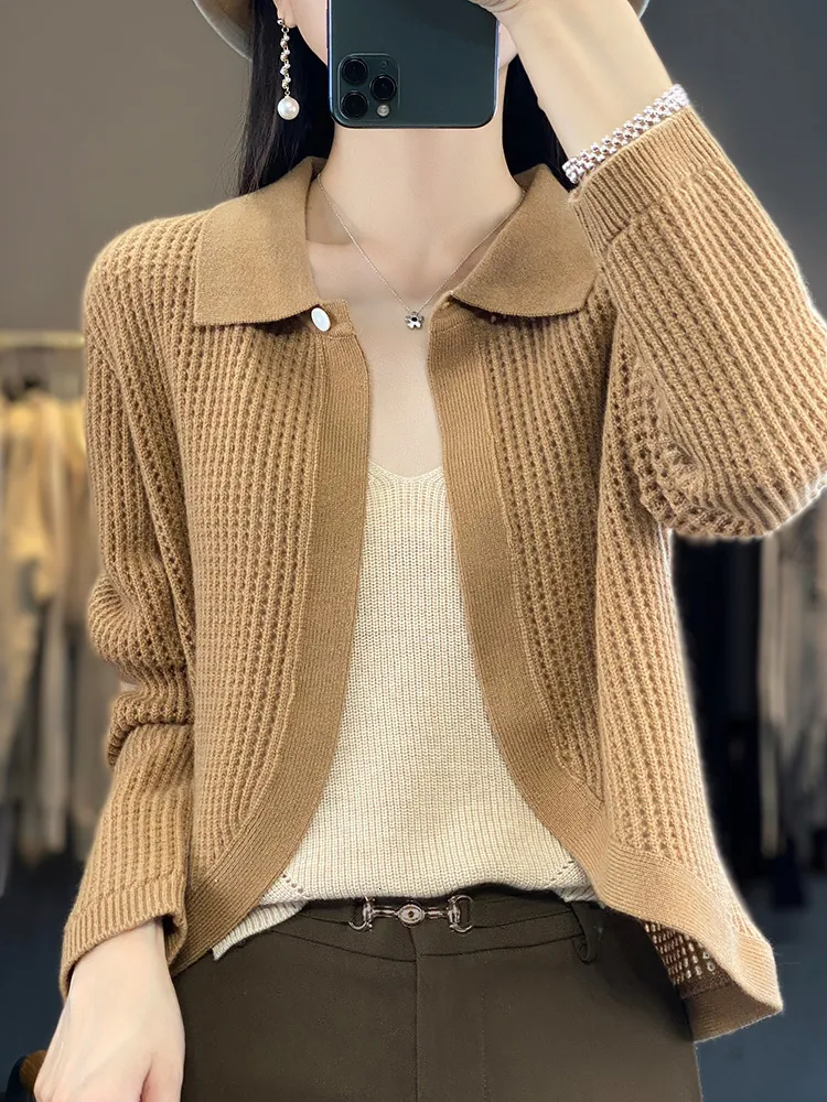 Kvinnors tröjor Kvinnor 100% Merino Wool Cardigan Sweater Autumn Polo Collar Hollow Out Cashmere Sticked Coat Korean Fashion Kvinnliga kläder Topp 230831