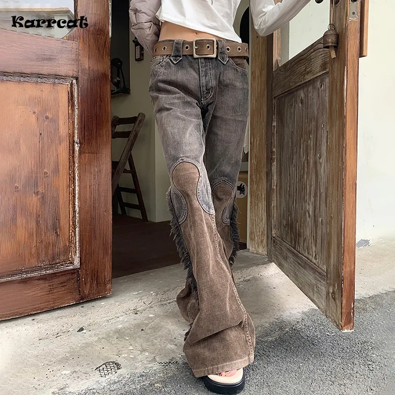 Jeans femininos Karrcat Vintage angustiado Flare Grunge Patchwork Namorado Cyber ​​Y2K Denim Calças 90s Harajuku Calças Streetwear 230830