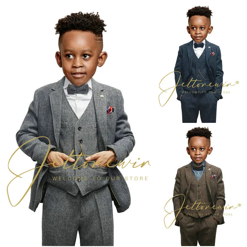 Garnitury Winter Grey Tweed Boy Herringbone Classic Wool Notch Lapel Kids Wedding Tuxedo Boys 3 sztuki Zestaw Blazer Slim Fit Costume 230830