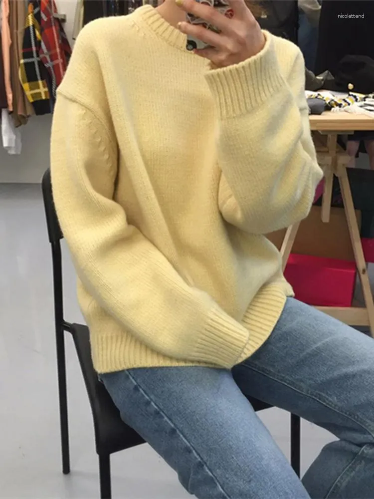 Kadın Sweaters Büyük Boy Knited Sweater Kış Sarı Renk Külepleri Gevşek Kırışın Kalın Jumper'lar