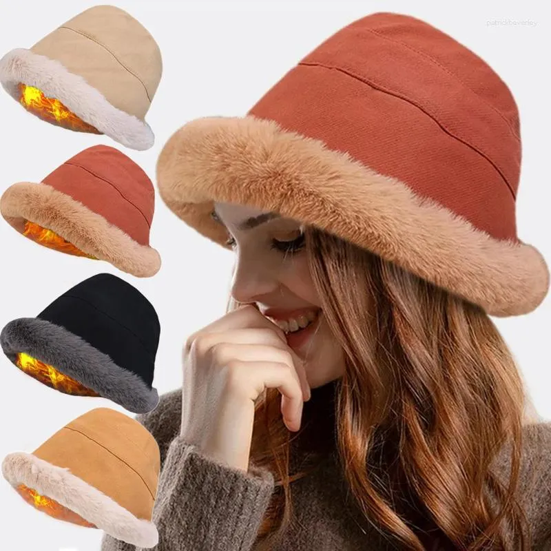 Basker vinter förtjockas varm mjuk plysch fiskare panama mössa kvinnor fluffy päls hink hatt mode femme vintage lamm fleece beanies hattar