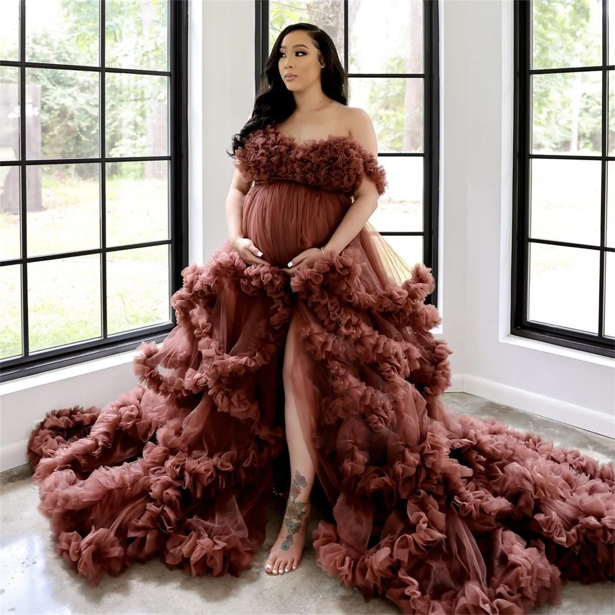 Robe de maternité en Tulle à volants, grande taille, longue, Sexy, Robes de soirée pour femmes enceintes, Baby Shower, fendue sur le devant, pour séance Photo