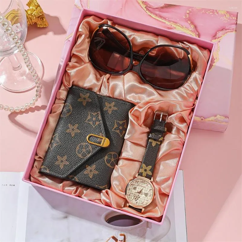 Wristwatches 3pcs/set Women's Watch Gift Set Fashion Wallet Glasses Quartz Ladies Female Clock Box For Women Drop