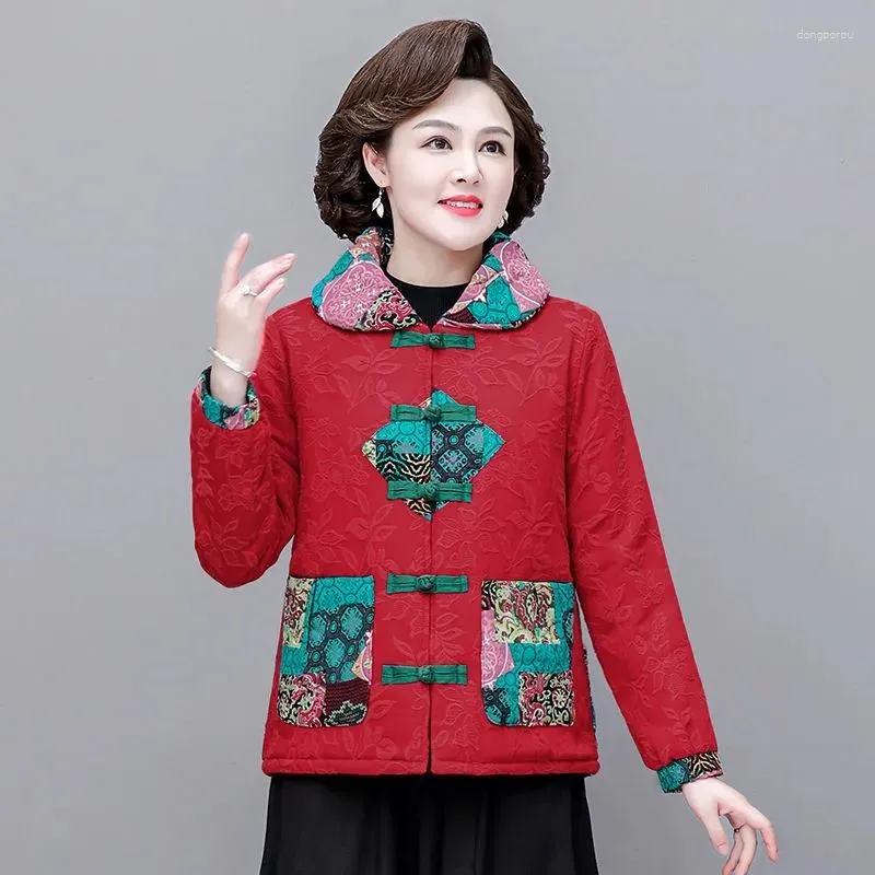 Women's Trench Coats 2023 Chinese Padded Jacket Women Flower Embroidery Ethnic Harajuku Tradition Thick Warm Coat Elegant Oriental Vintage