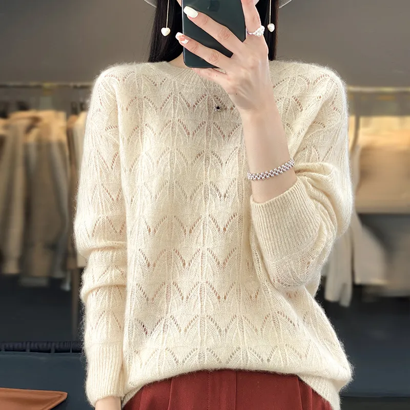 Kadın Sweaters Pullover 100 Yün Sweater Örme İnce içi boş uzun kollu gevşek ve rahat ürün 230830