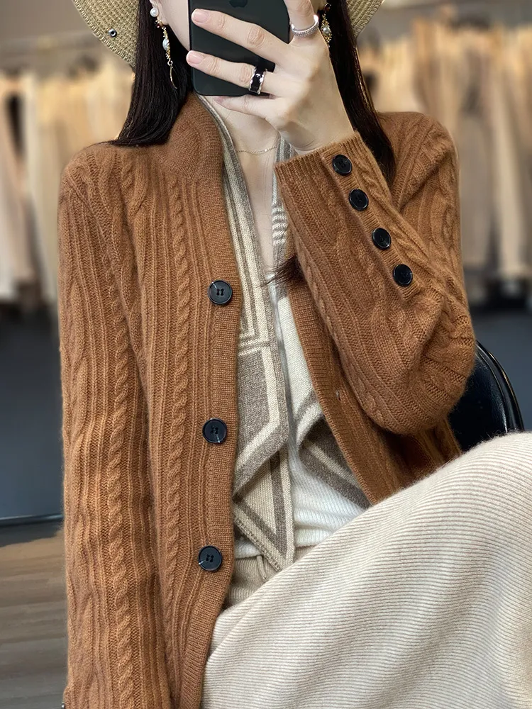 Kvinnors tröjor Högkvalitativa kvinnor 100 Merino Wool Cardigan Sweater Autumn Spring Cashmere Sticked Coat Korean Fashion Women Clothes Top 230831