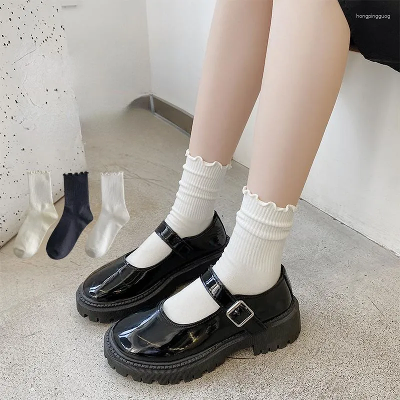 Women Socks Sweet Ruffle For Mid Crew Middles Tube Ankle Breathable Black White Calcetines Spring Autumn Kawaii Lolita JK Sox