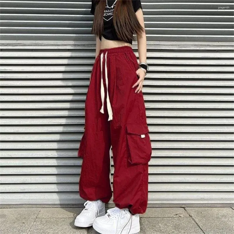 Calças femininas vermelho sólido moda outono dança cintura alta harem harajuku rua senhora femmale casual solto japonês