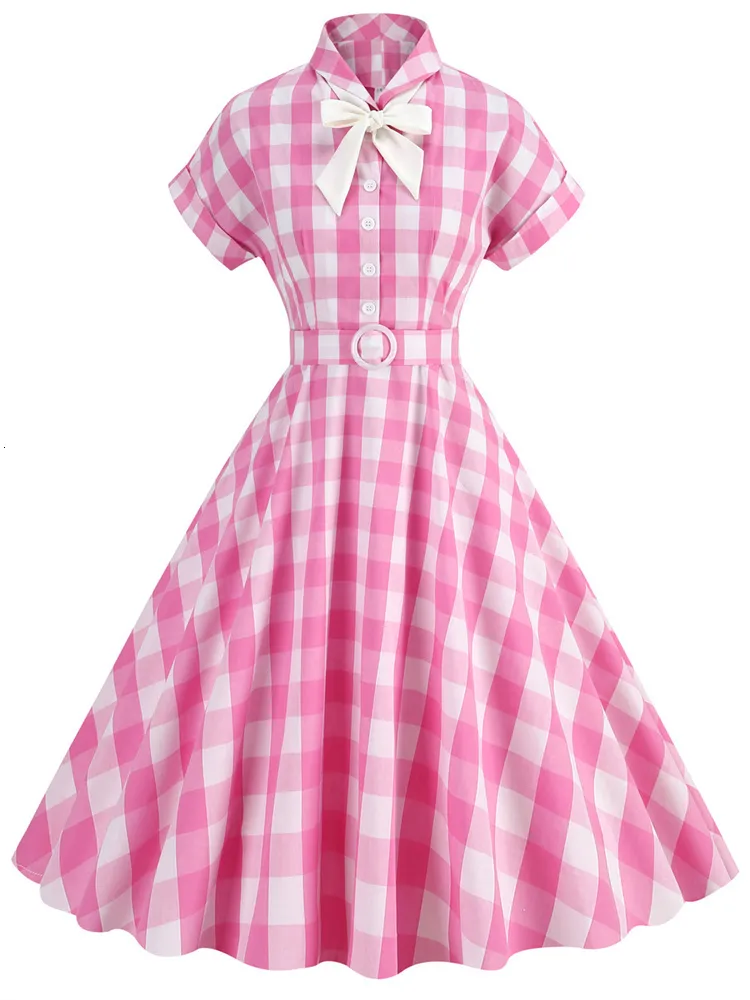 Basic Casual Dresses 2023 Summer Hepburn Style 50 60s Death Pink Plaid Short Sleeve Harajuku Vintage Sleeves Lapel Bow Tie Dress 230830