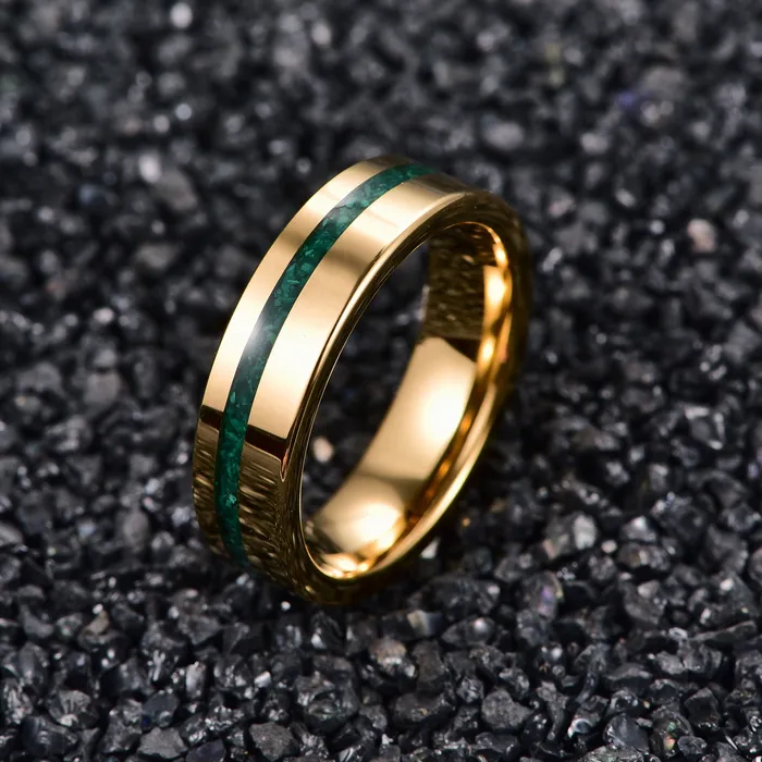 Anéis de casamento 6mm cor de ouro polido incrustado malaquita anel de aço de tungstênio para homens sulco anéis de noivado de carbono 230831