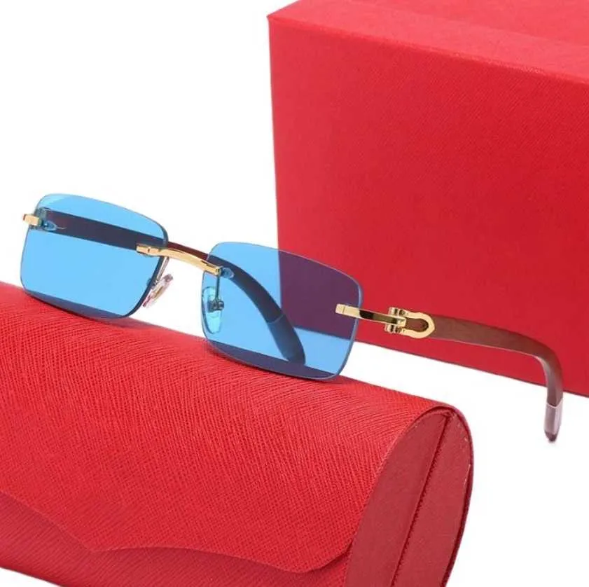 Ahşap Güneş Gözlüğü Erkekler için Rimless Gözlükler Kadın Mavi Süs Gözlükler Tüm Maç Dikdörtgen Goggle Avrupa Tarzı Lüks Güneş Gözlüğü
