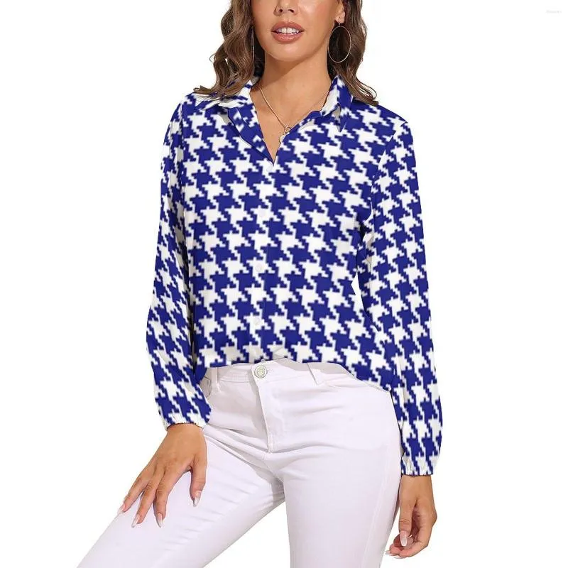 Blusas femininas houndstooth marinha blusa clássica impressão vintage retro personalizado feminino manga longa camisa casual outono roupas de grandes dimensões