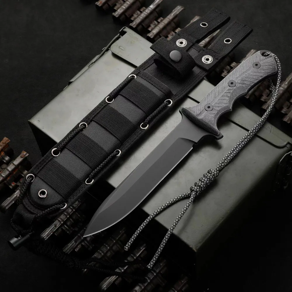 New H2391 CR Survival Straight Knife CPM-magnacut Titanium Coating Drop Point Blade Full Tang Micarta Handle Outdoor Tactical Knives with Nylon Sheath