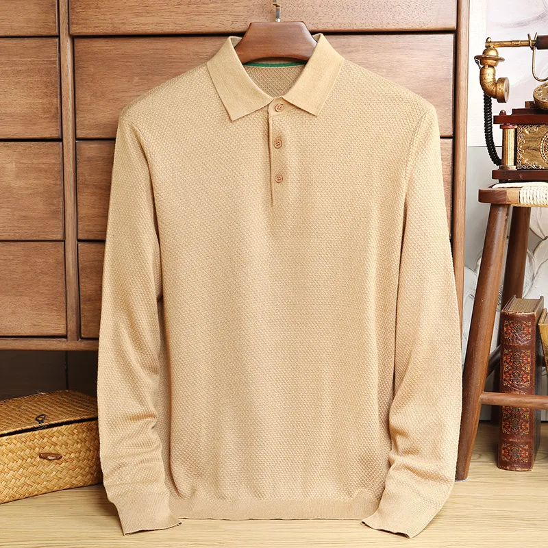 Mens suéteres primavera e outono lazer lapela lã tshirt manga comprida camisa polo cor sólida malha bottoming 230830