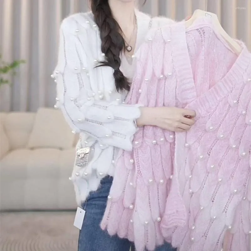 Suéter elegante y dulce de alta calidad con cuentas de industria pesada para mujer, cárdigan de punto de manga larga rosa para Otoño e Invierno 2023