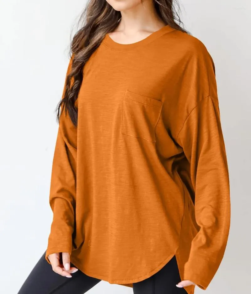 T-shirt surdimensionné à manches longues pour femme, tunique décontractée en coton, col rond, couleur unie, avec poche