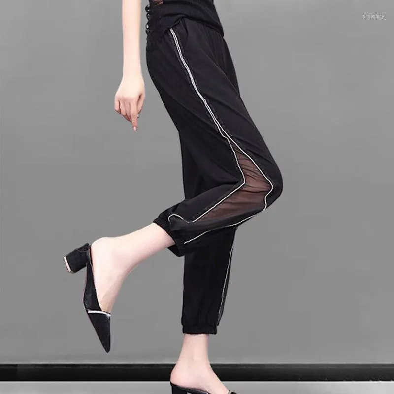 Womens Pants Summer Black Thin Style Ice Silk With Mesh Splice Pockets  Elastic High Waist Diamonds Nine Points Patchwork Womens Harlan From  Crosslery, $18.06