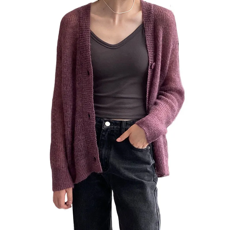 Kvinnors tröjor Slouchy Mohair Wool Cardigan Sweater Sticked Purple Brown 230831