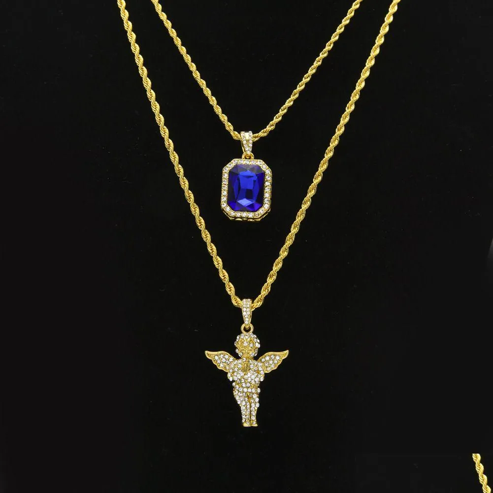 Pendanthalsband Hip Hip Hop smycken sätter Mini Square Ruby Sapphire FL Crystal Diamond Angel Wings Gold Chain för manlig hiphop drop d DHBC7