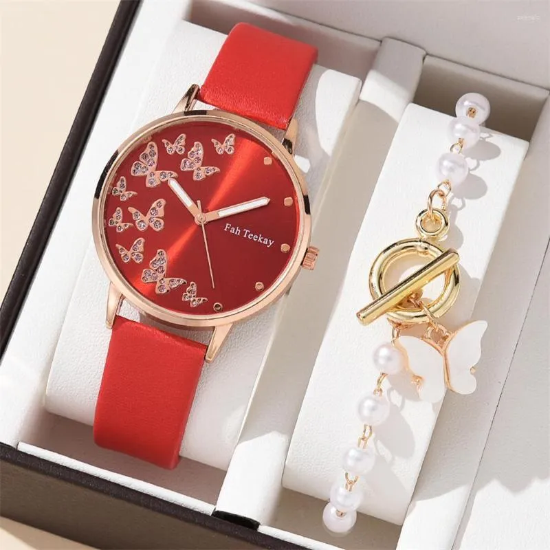 Orologi da polso Orologio da donna con farfalla bianca Bracciale Moda Casual Cintura in pelle Orologi da donna Set regalo semplice al quarzo da donna