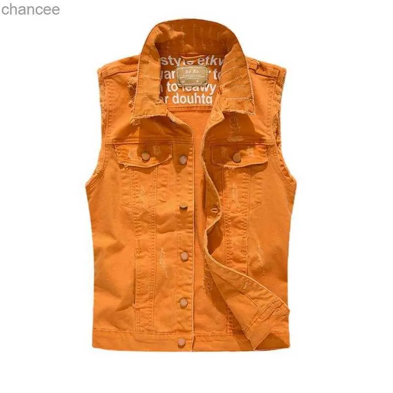 Heren Slanke Denim Vesten Jassen Nieuwe Mode Mannelijke Oranje Fit Denim Jassen Vesten Grote Maat Street Wear Gaten Jeans Vest Maat S-5XL HKD230831