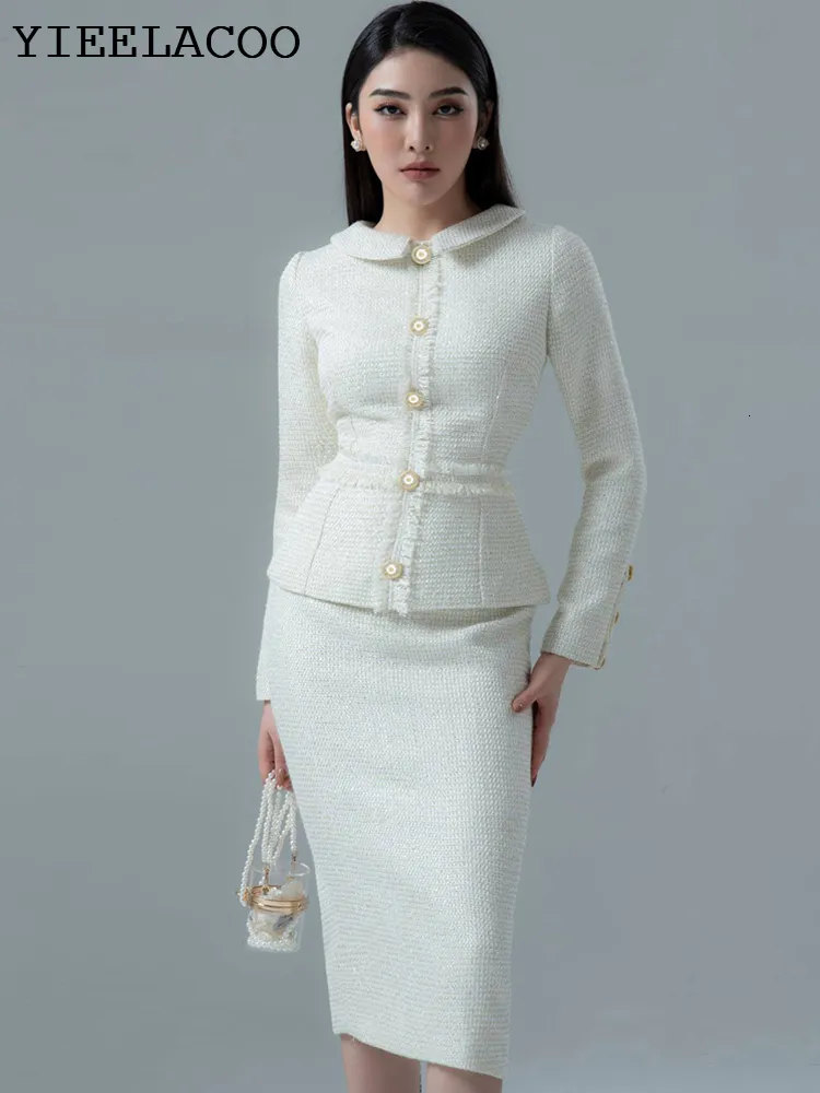 Two Piece Dress Women's Set White Autumn/Winter Long-Sleeved Tassel Ladies Tweed jacket Skirt Suit fashion Professional 2-Piece Set 230830