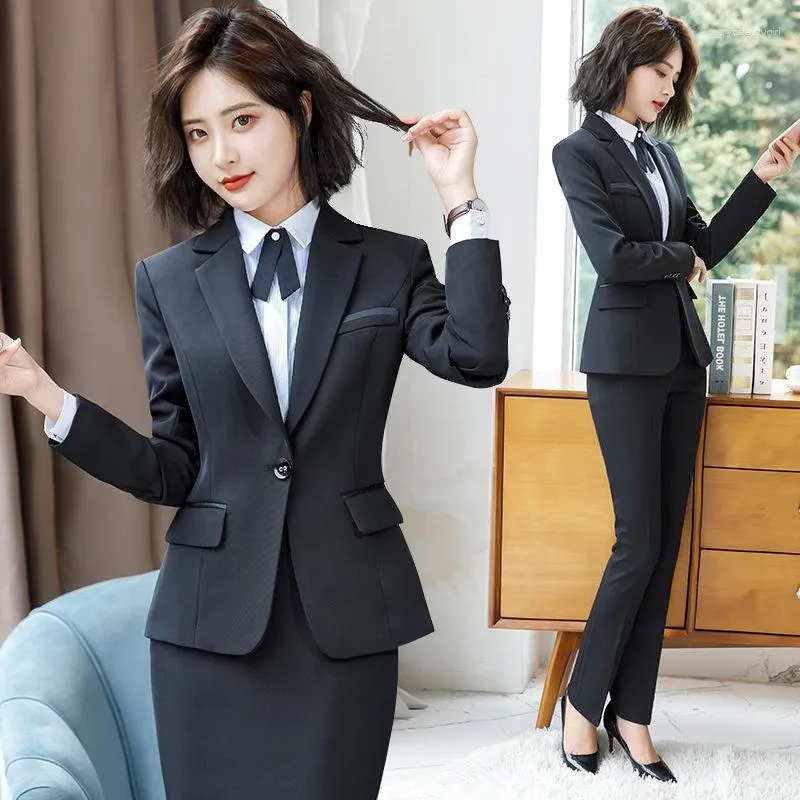 Женские штаны с двумя частями Koreanplus Business Wear Office Костюмы высокого качества осени и зимние черные женские куртки Элегантная женская юбка