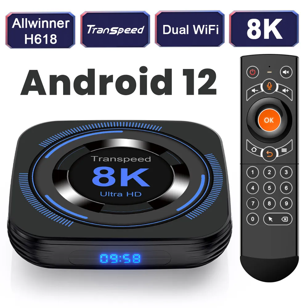 トップボックストランスフィードアンドロイド12テレビボックスAllwinner H618デュアルWifi Quad Core Cortex A53サポート8Kビデオ4Kボイスメディアプレーヤーセットトップボックス230831